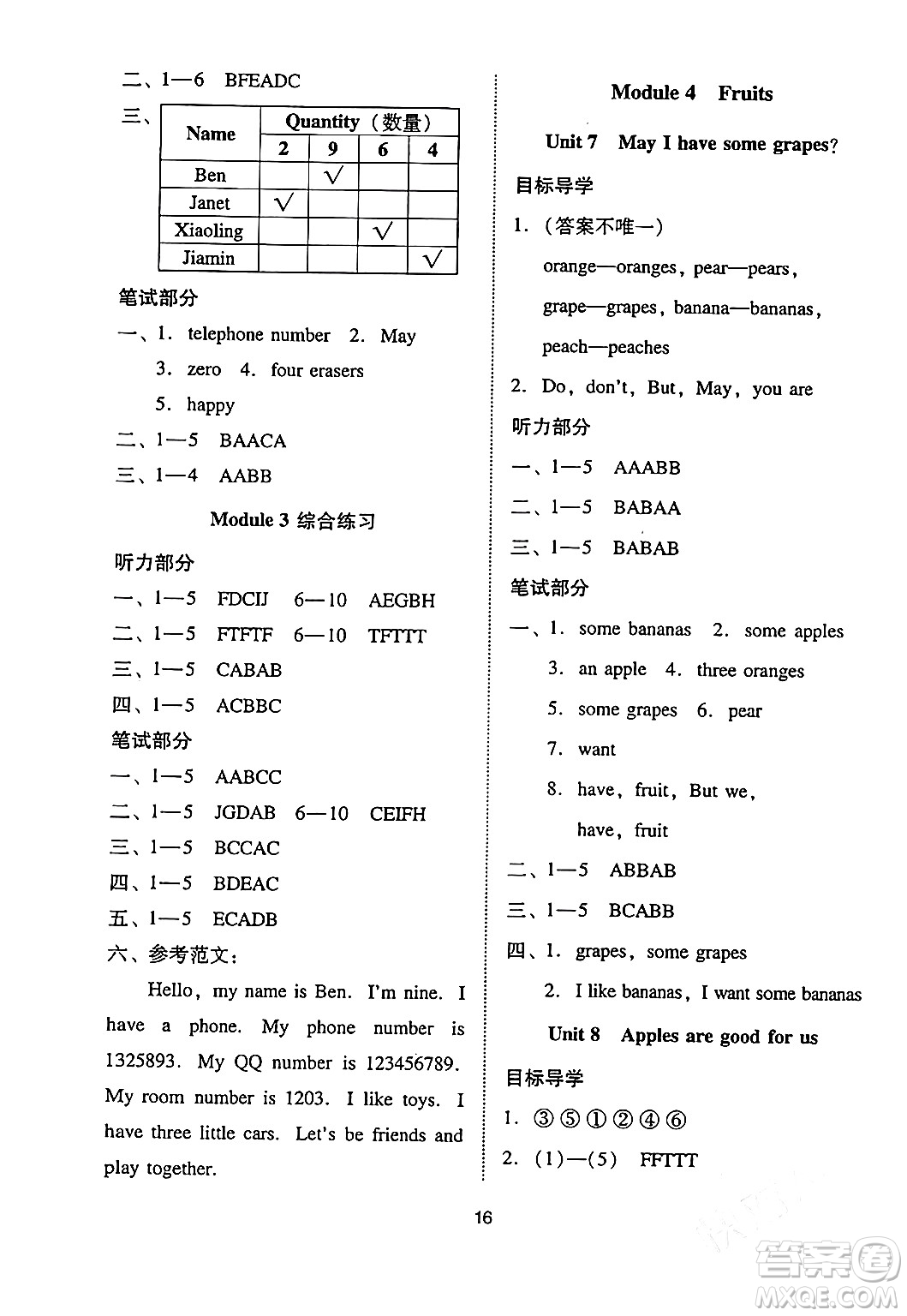 廣州出版社2024年春小學(xué)英語目標(biāo)實施手冊三年級英語下冊廣州專版答案