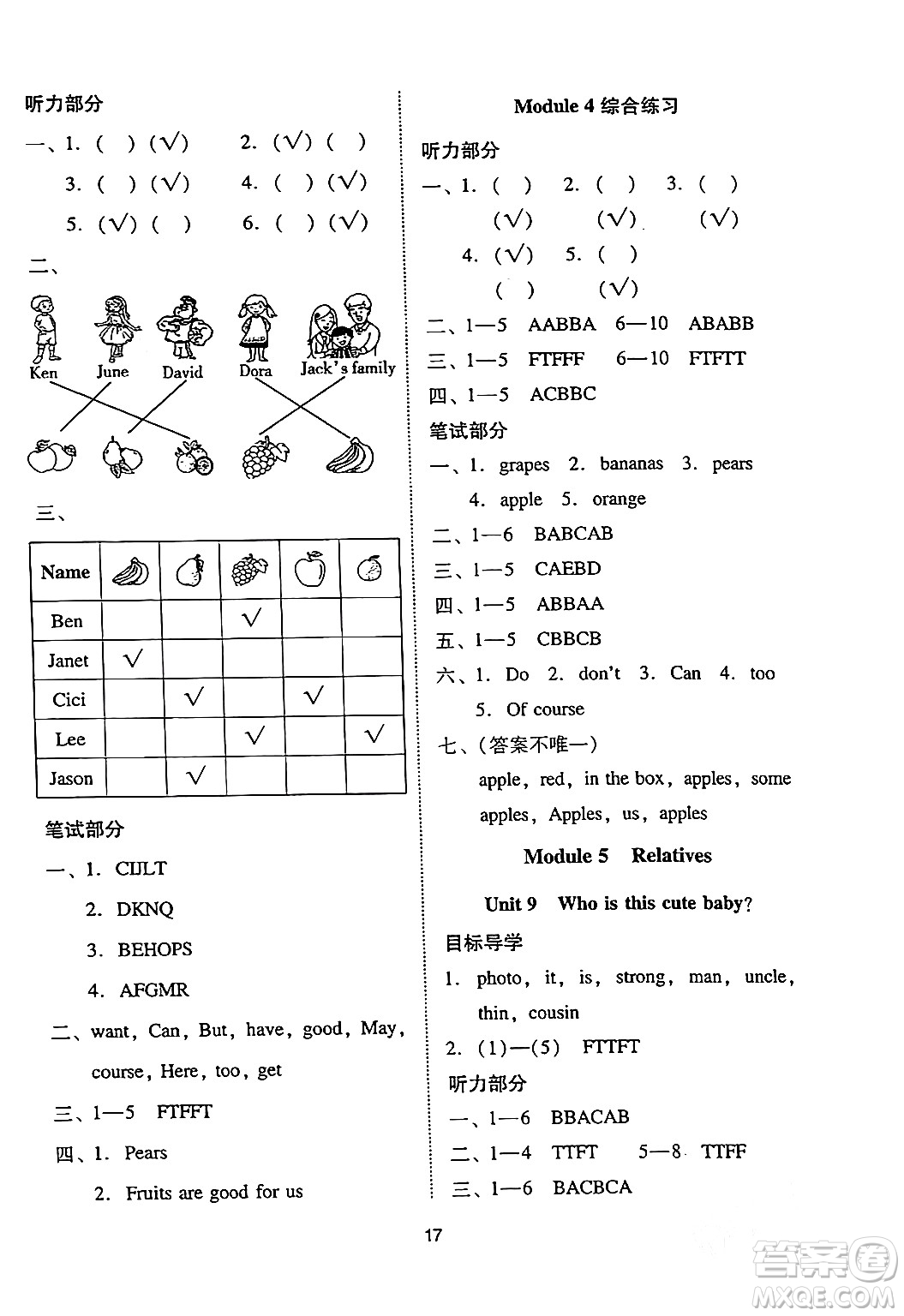 廣州出版社2024年春小學(xué)英語目標(biāo)實施手冊三年級英語下冊廣州專版答案