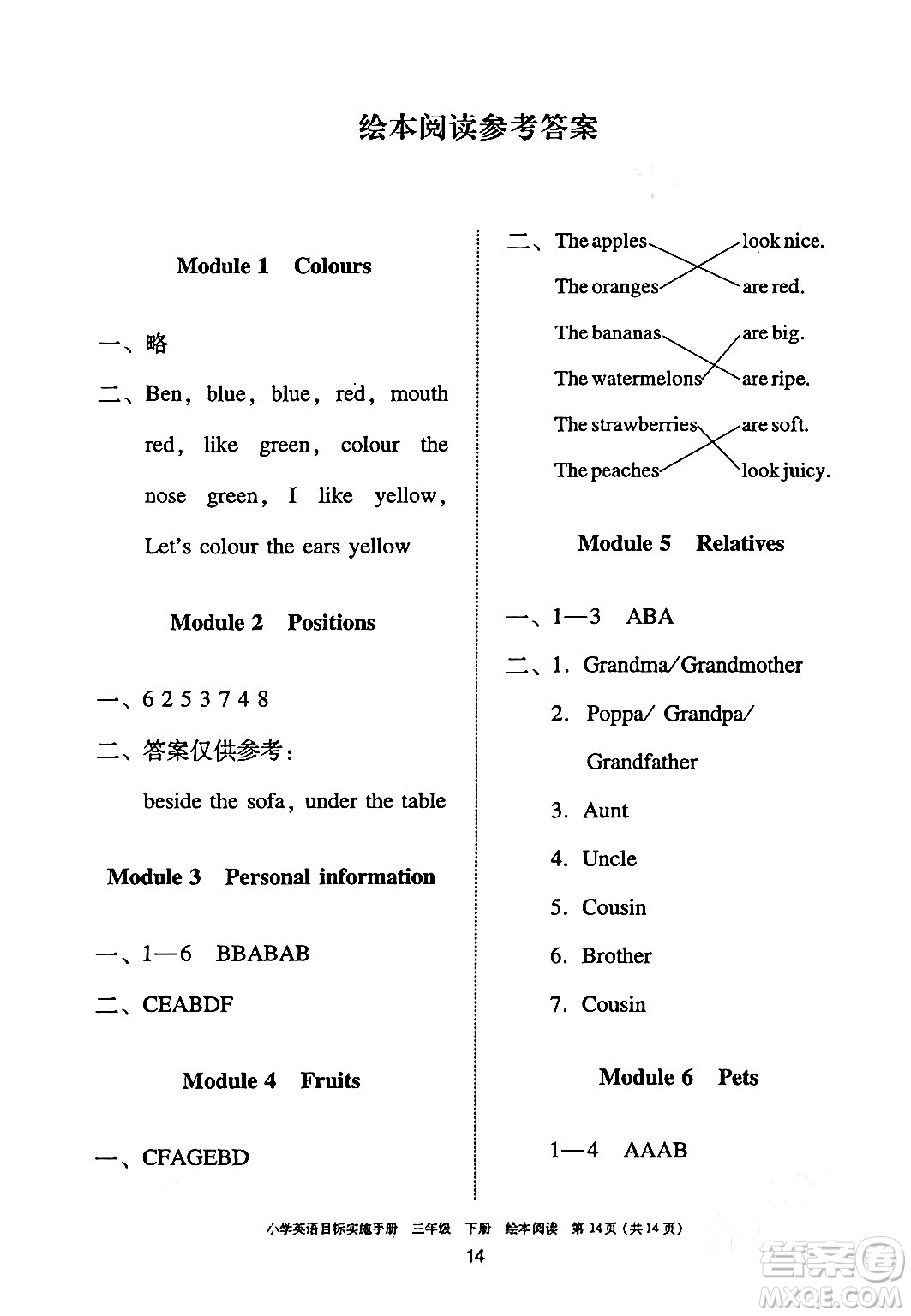 廣州出版社2024年春小學(xué)英語目標(biāo)實施手冊三年級英語下冊廣州專版答案