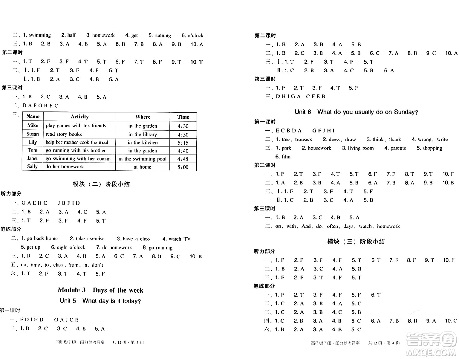 新世紀(jì)出版社2024年春王牌英語小學(xué)英語雙基同步導(dǎo)學(xué)導(dǎo)練四年級英語下冊廣州版答案