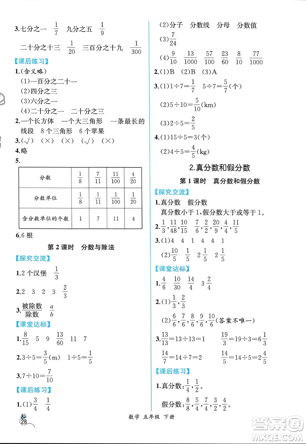 人民教育出版社2024年春人教金學(xué)典同步解析與測評五年級數(shù)學(xué)下冊人教版云南專版參考答案