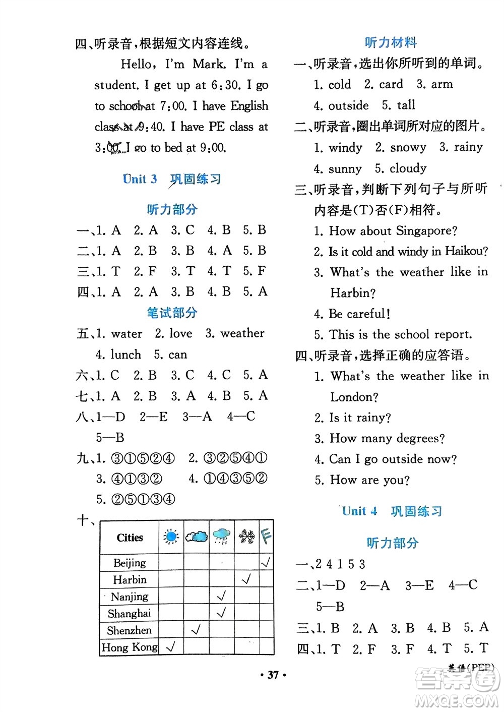 人民教育出版社2024年春同步解析與測評課堂鞏固練習(xí)四年級英語下冊人教版重慶專版參考答案