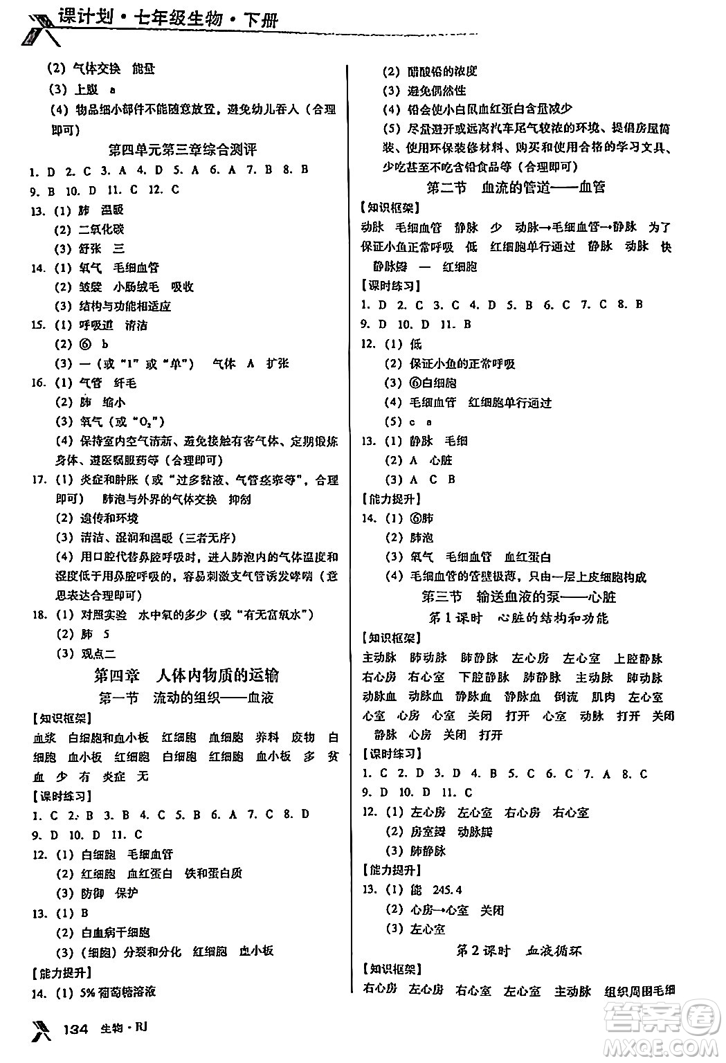 廣東經濟出版社2024年春全優(yōu)點練課計劃七年級生物下冊人教版答案