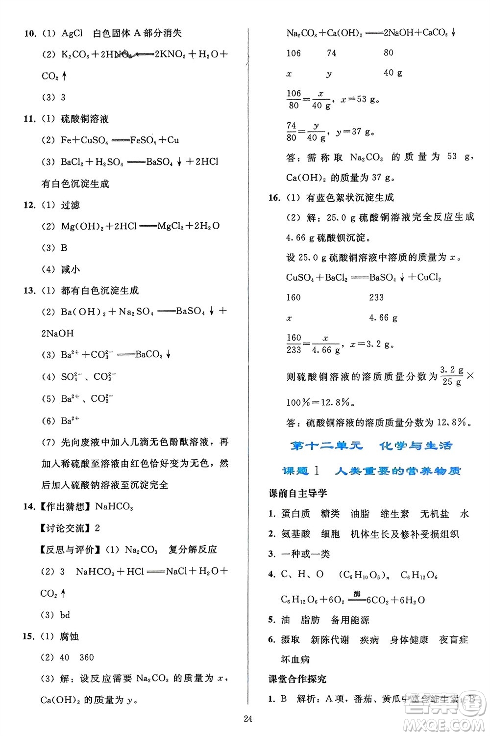 人民教育出版社2024年春同步輕松練習九年級化學下冊人教版參考答案