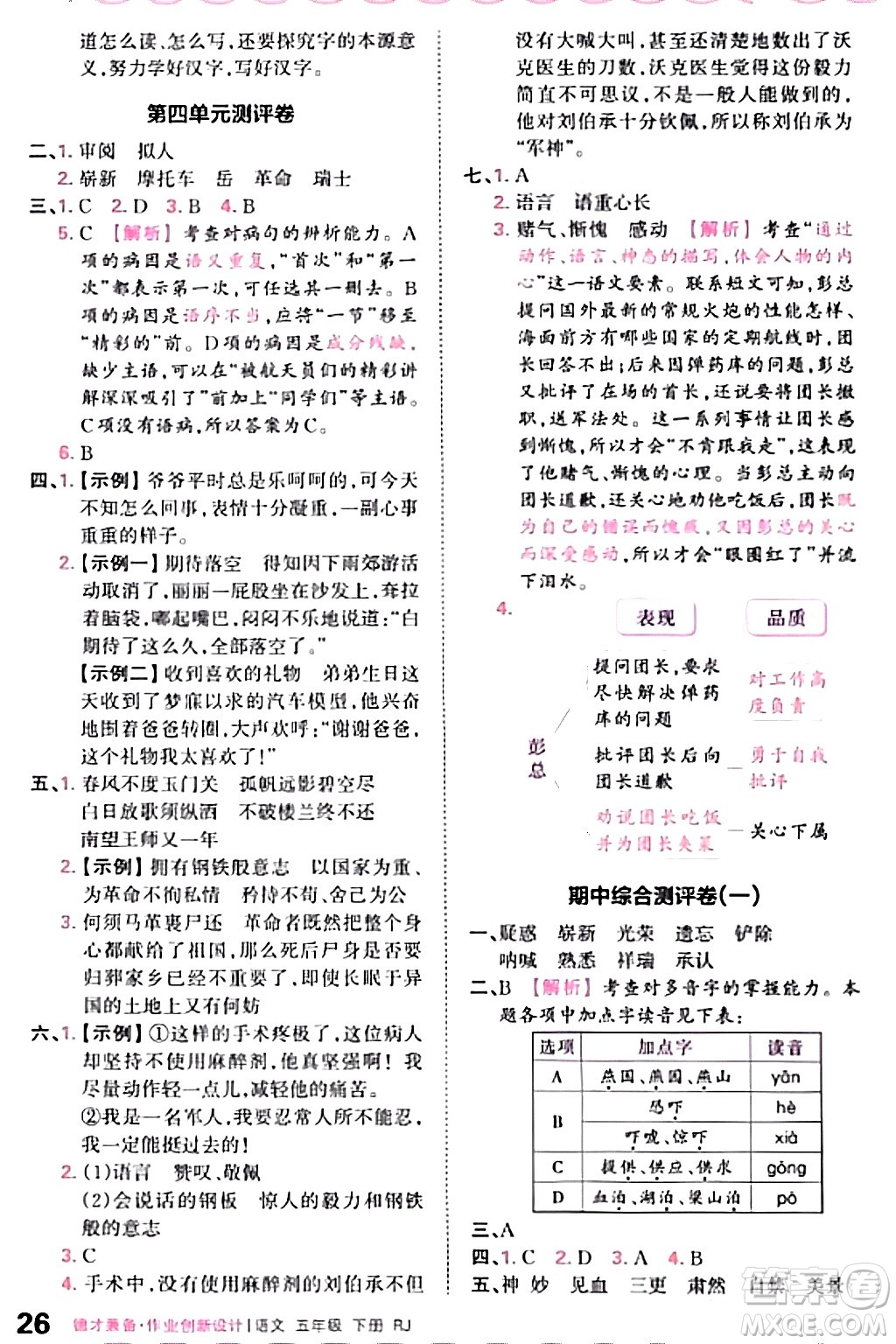 江西人民出版社2024年春王朝霞德才兼?zhèn)渥鳂I(yè)創(chuàng)新設計五年級語文下冊人教版答案