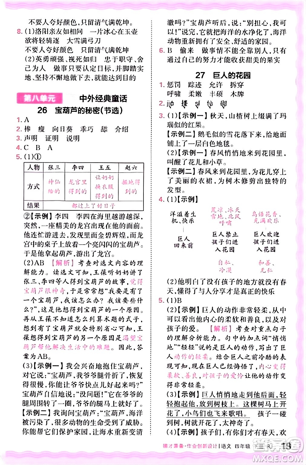 江西人民出版社2024年春王朝霞德才兼?zhèn)渥鳂I(yè)創(chuàng)新設計四年級語文下冊人教版答案