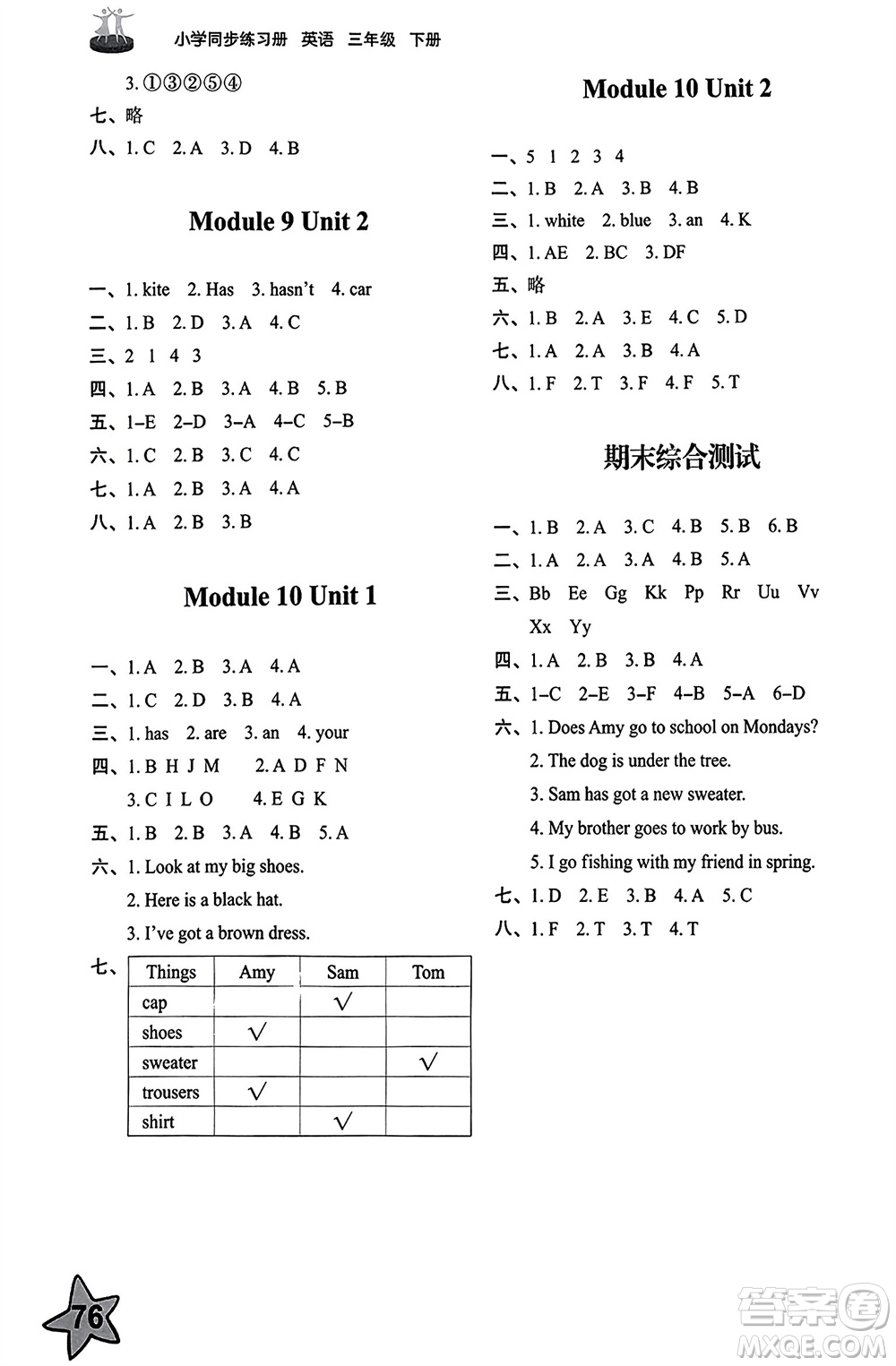 山東友誼出版社2024年春小學(xué)同步練習(xí)冊(cè)三年級(jí)英語下冊(cè)外研版參考答案