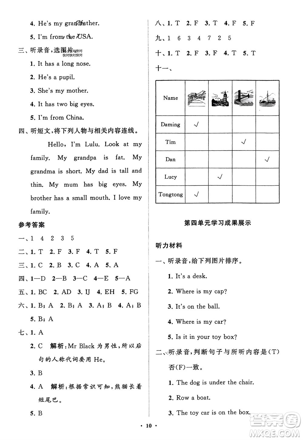 山東教育出版社2024年春小學(xué)同步練習(xí)冊分層指導(dǎo)三年級英語下冊人教版參考答案