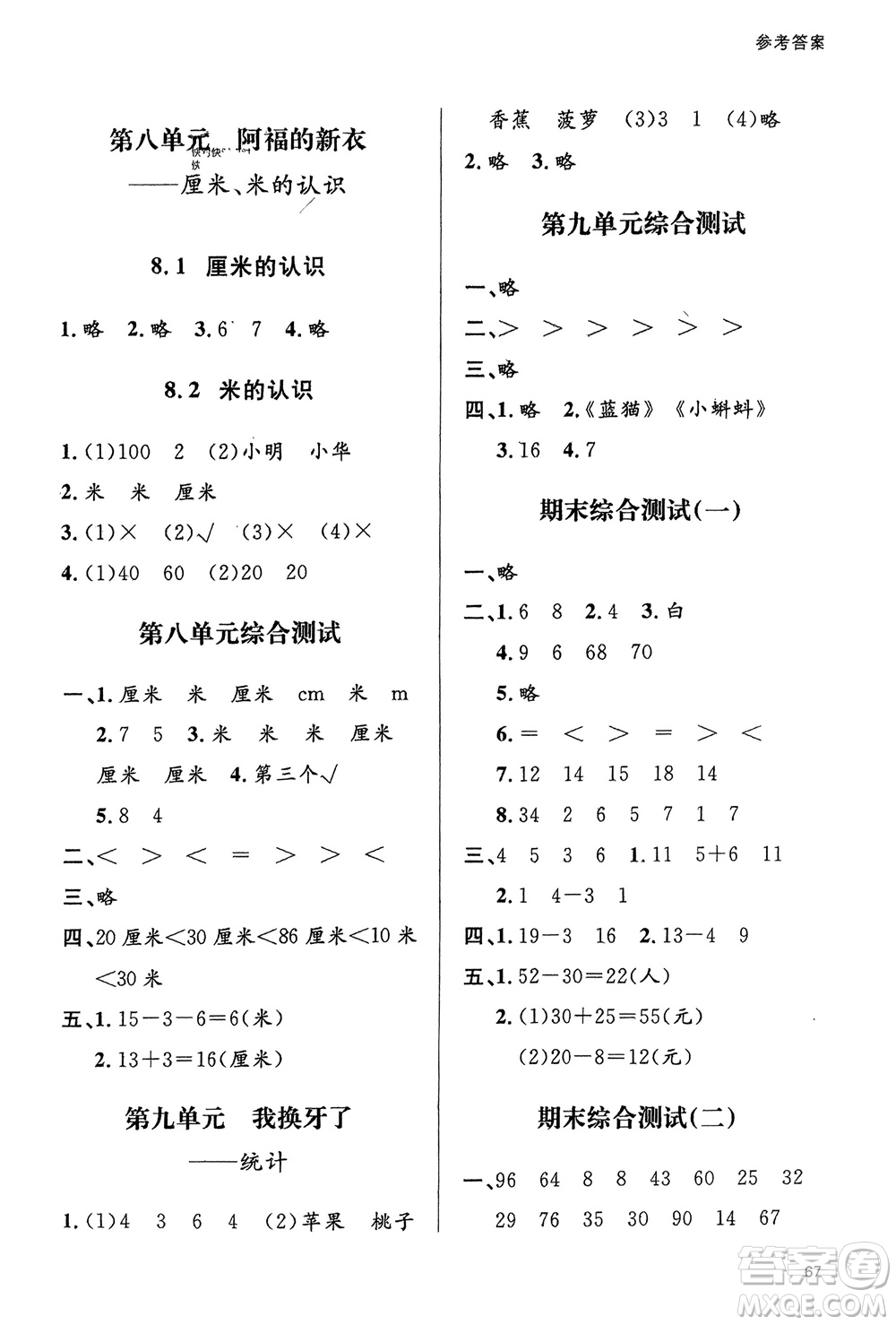 山東人民出版社2024年春小學(xué)同步練習(xí)冊一年級數(shù)學(xué)下冊六三制青島版參考答案