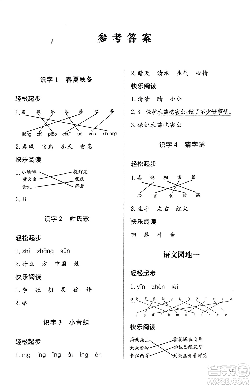 山東人民出版社2024年春小學(xué)同步練習(xí)冊(cè)一年級(jí)語(yǔ)文下冊(cè)六三制人教版參考答案