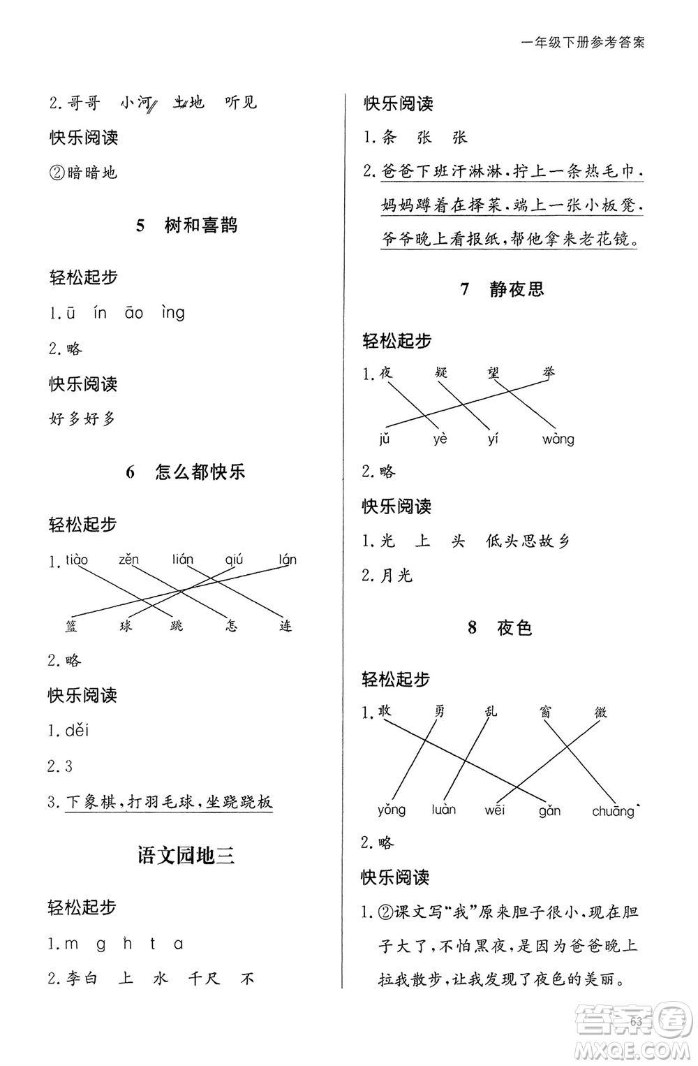 山東人民出版社2024年春小學(xué)同步練習(xí)冊(cè)一年級(jí)語(yǔ)文下冊(cè)六三制人教版參考答案