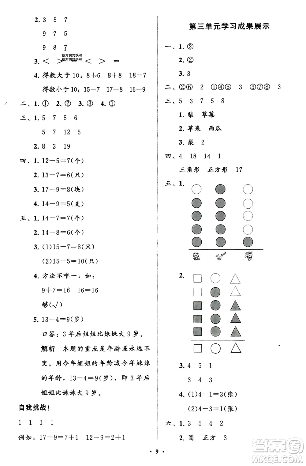 山東教育出版社2024年春小學(xué)同步練習(xí)冊分層指導(dǎo)一年級數(shù)學(xué)下冊人教版參考答案