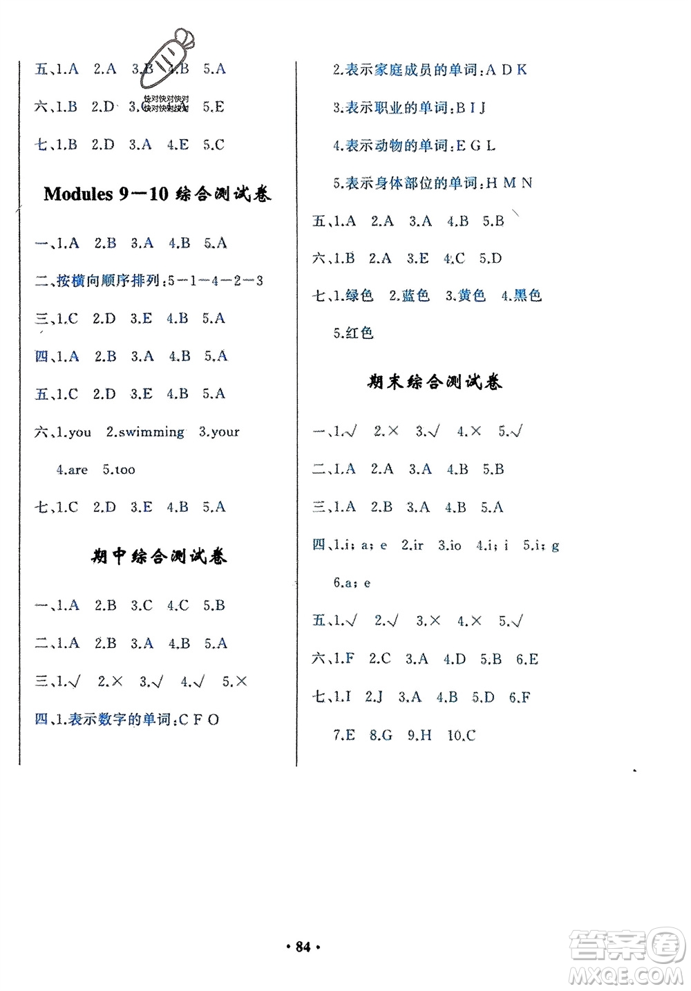 外語(yǔ)教學(xué)與研究出版社2024年春小學(xué)同步練習(xí)冊(cè)一年級(jí)英語(yǔ)下冊(cè)一起點(diǎn)外研版參考答案