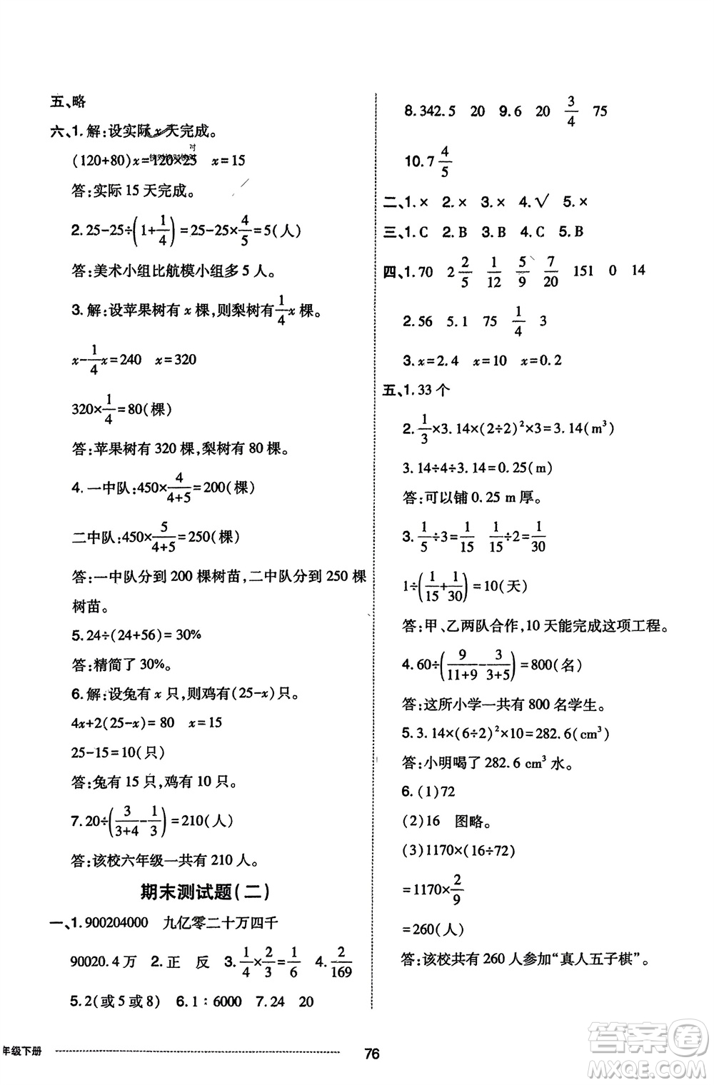 山東科學(xué)技術(shù)出版社2024年春同步練習(xí)冊(cè)配套單元自測(cè)卷六年級(jí)數(shù)學(xué)下冊(cè)通用版參考答案