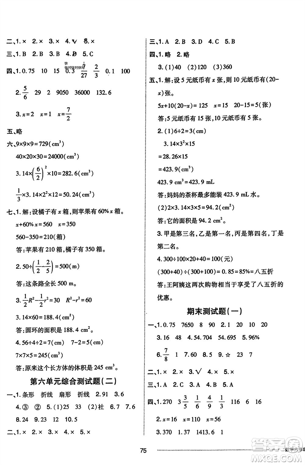 山東科學(xué)技術(shù)出版社2024年春同步練習(xí)冊(cè)配套單元自測(cè)卷六年級(jí)數(shù)學(xué)下冊(cè)通用版參考答案