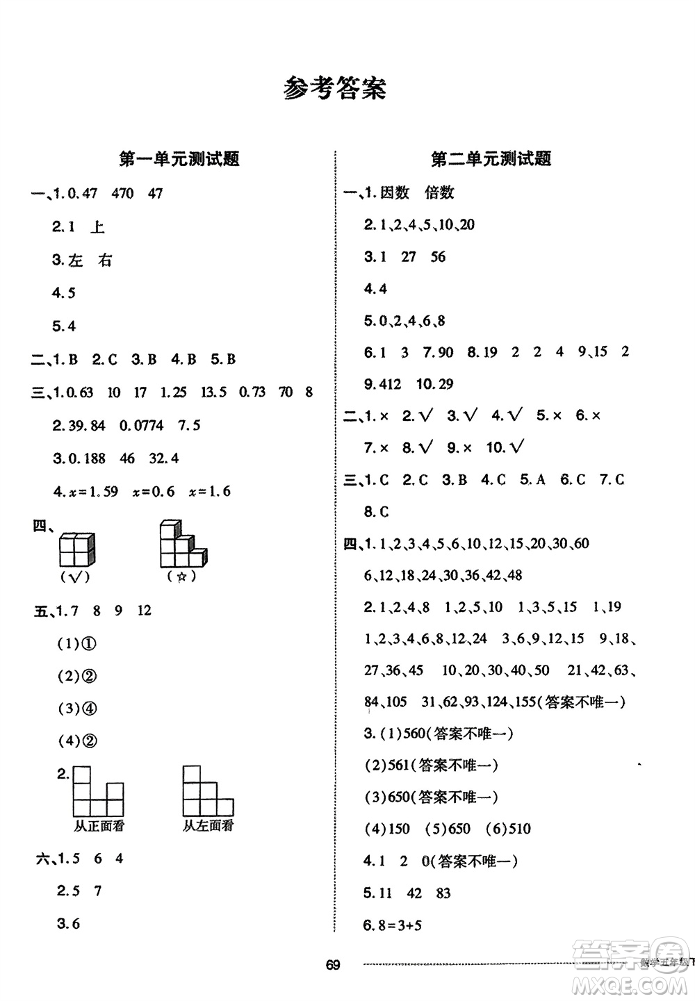 山東科學(xué)技術(shù)出版社2024年春同步練習(xí)冊(cè)配套單元自測(cè)卷五年級(jí)數(shù)學(xué)下冊(cè)通用版參考答案