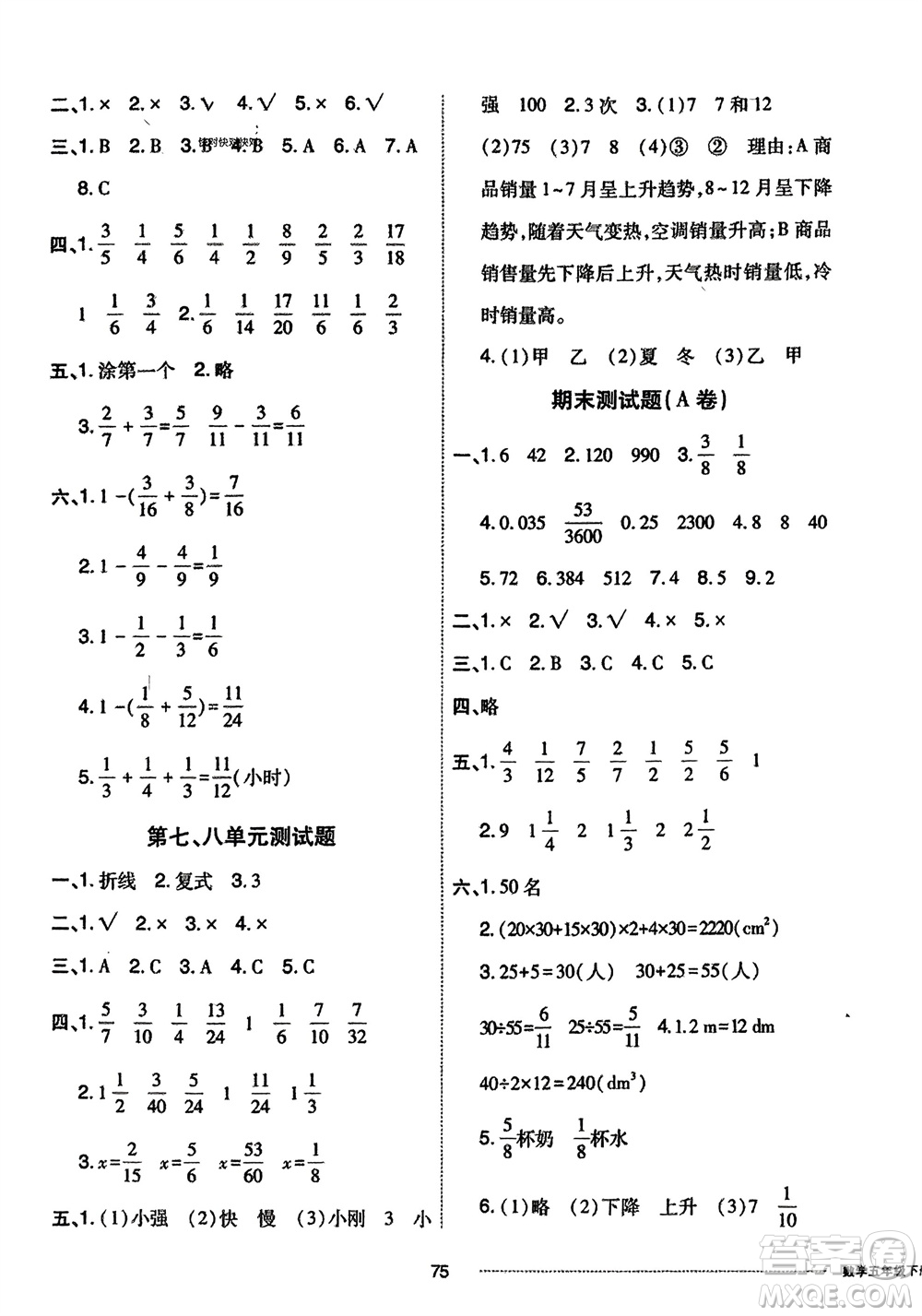 山東科學(xué)技術(shù)出版社2024年春同步練習(xí)冊(cè)配套單元自測(cè)卷五年級(jí)數(shù)學(xué)下冊(cè)通用版參考答案