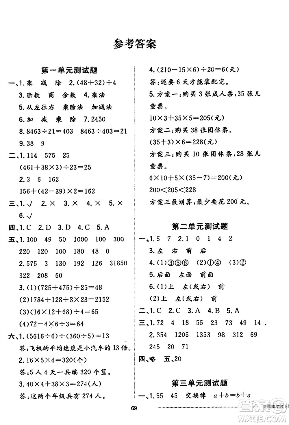 山東科學(xué)技術(shù)出版社2024年春同步練習(xí)冊(cè)配套單元自測(cè)卷四年級(jí)數(shù)學(xué)下冊(cè)通用版參考答案