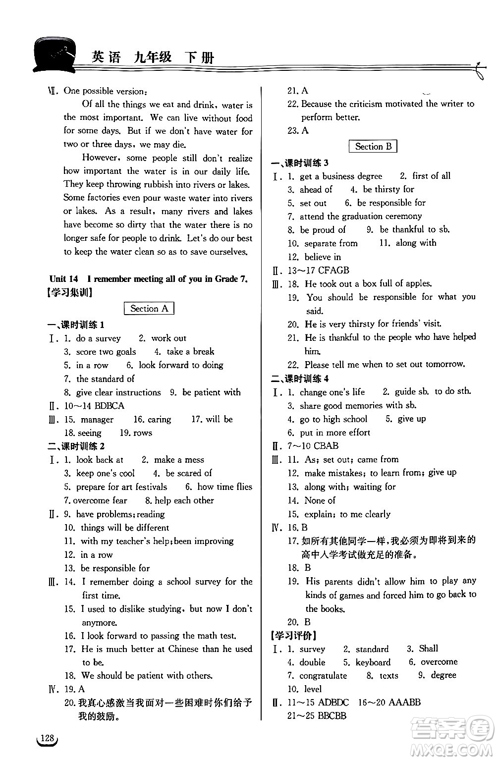 湖北教育出版社2024年春長江作業(yè)本同步練習(xí)冊九年級英語下冊人教版答案