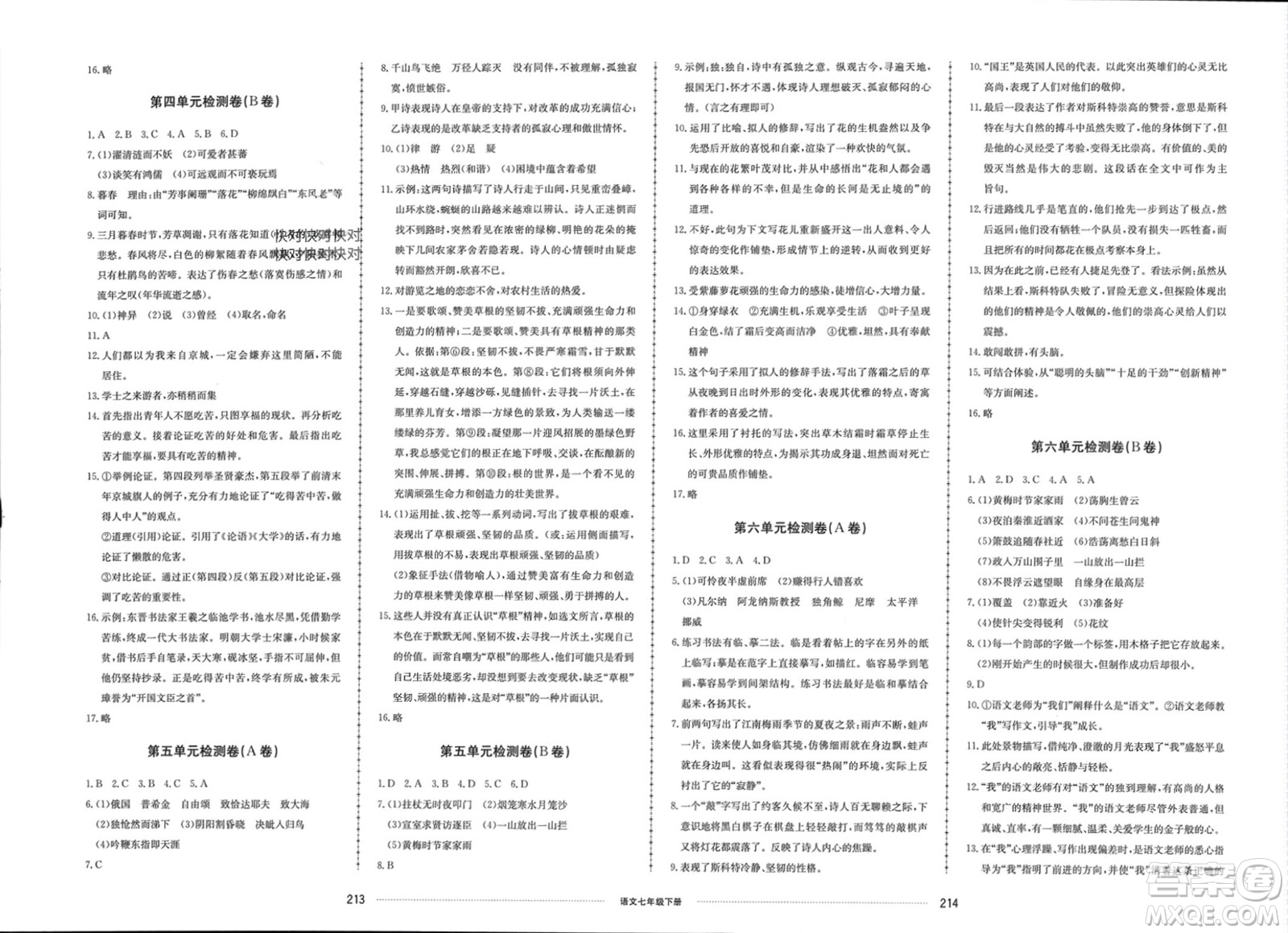 山東科學技術(shù)出版社2024年春同步練習冊配套單元檢測卷七年級語文下冊通用版參考答案