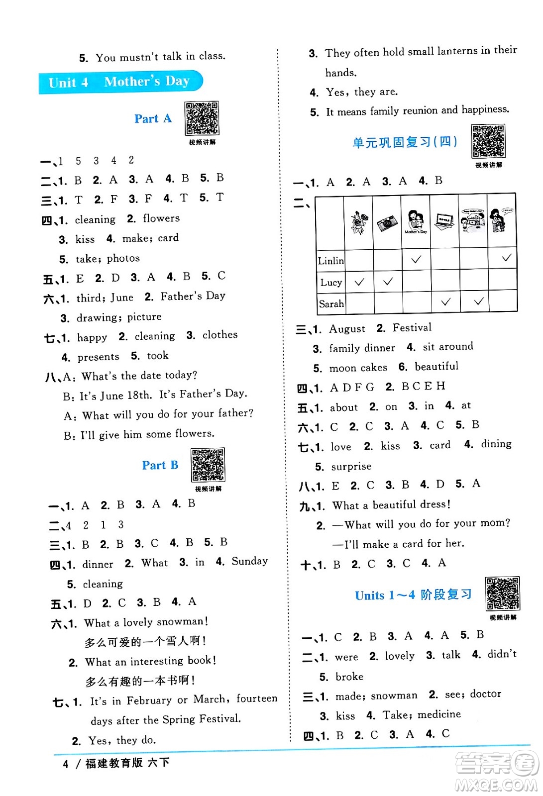 江西教育出版社2024年春陽光同學(xué)課時優(yōu)化作業(yè)六年級英語下冊閩教版福建專版答案