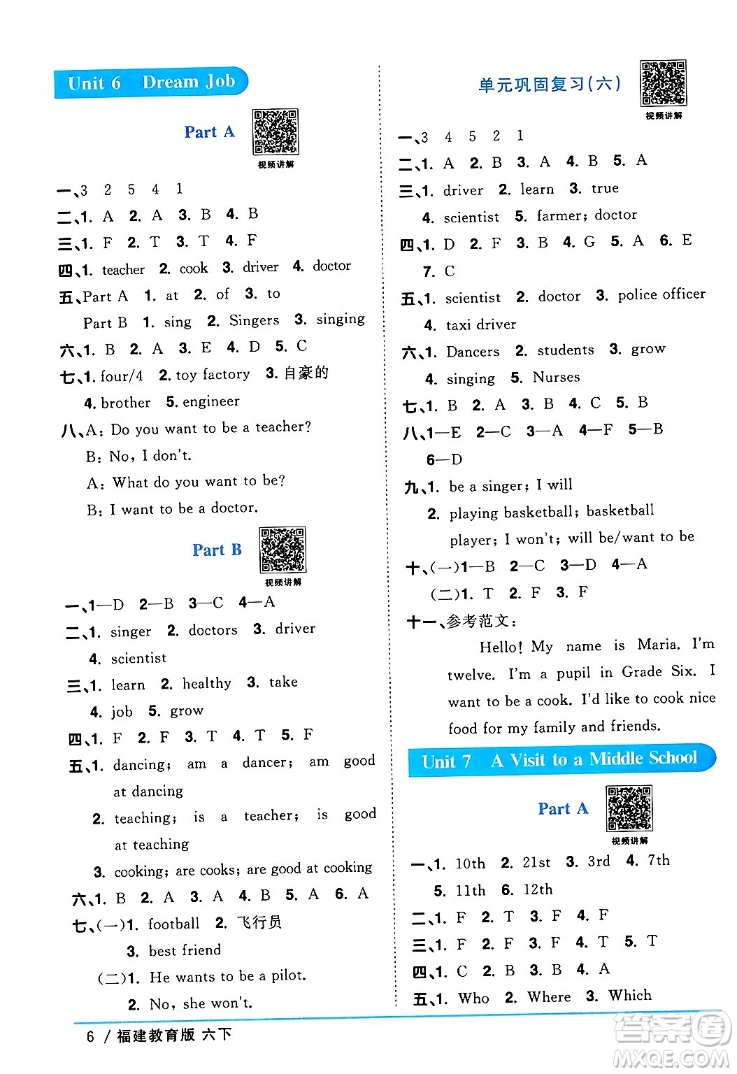 江西教育出版社2024年春陽光同學(xué)課時優(yōu)化作業(yè)六年級英語下冊閩教版福建專版答案