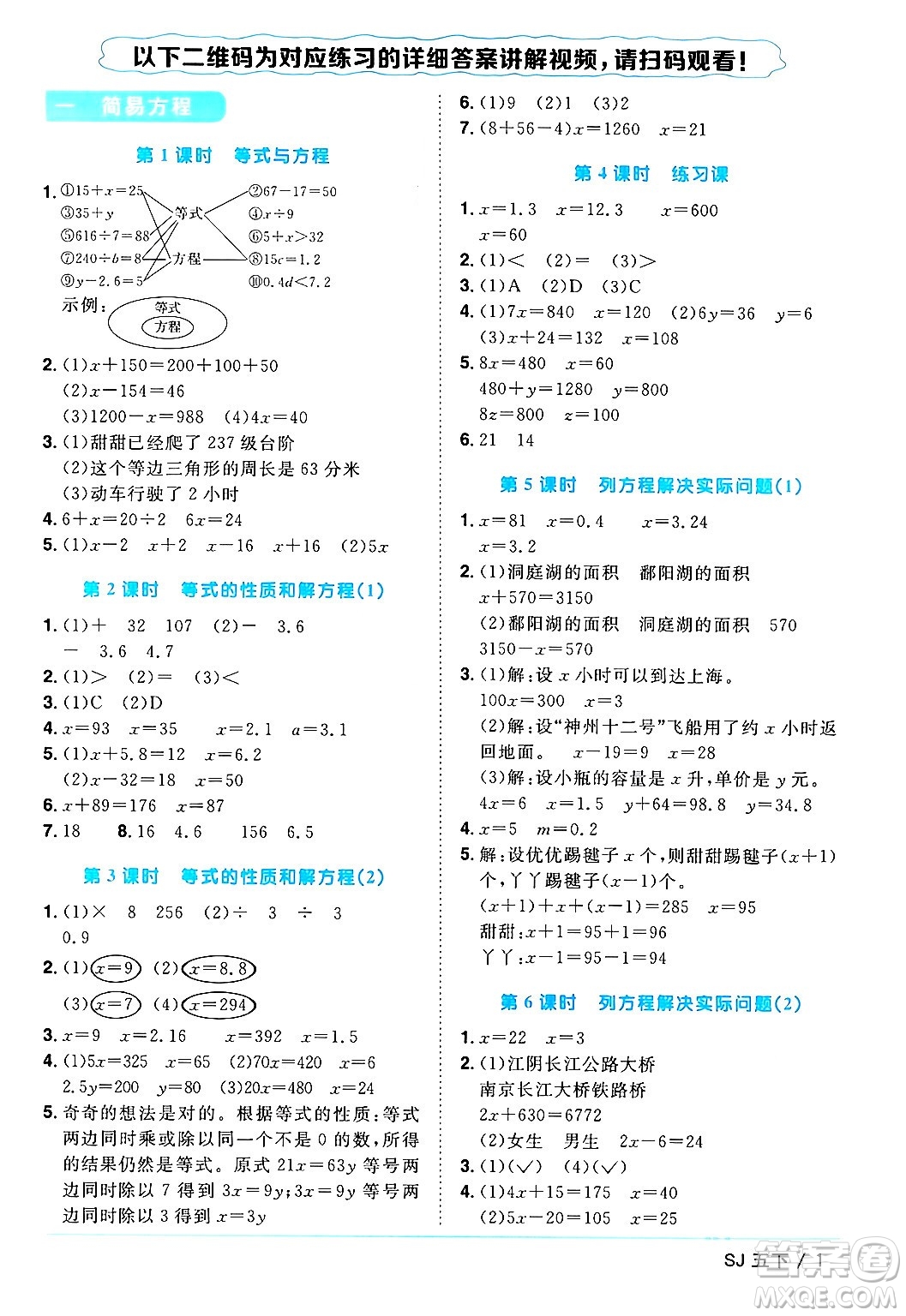 江西教育出版社2024年春陽光同學課時優(yōu)化作業(yè)五年級數(shù)學下冊蘇教版答案