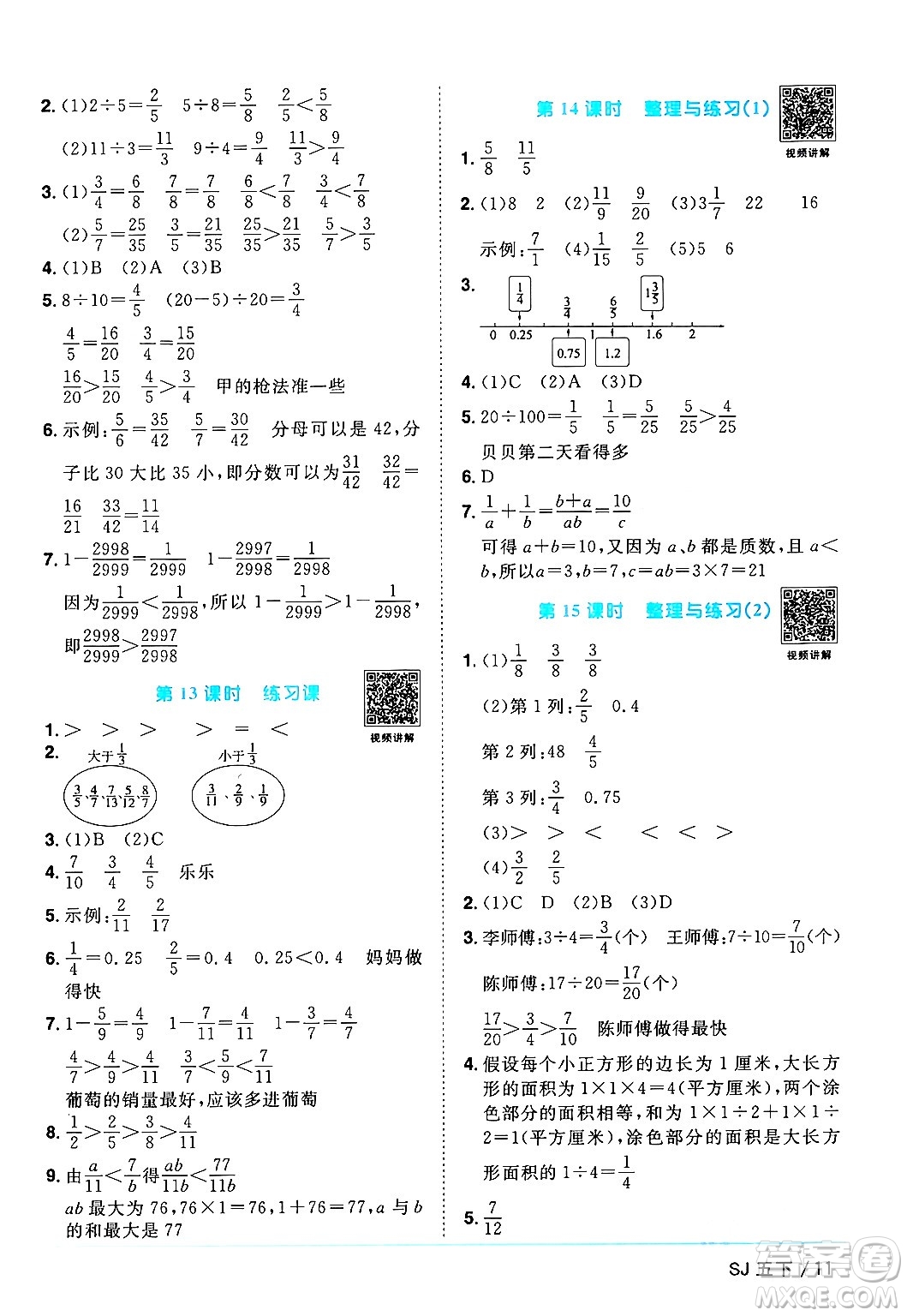 江西教育出版社2024年春陽光同學課時優(yōu)化作業(yè)五年級數(shù)學下冊蘇教版答案