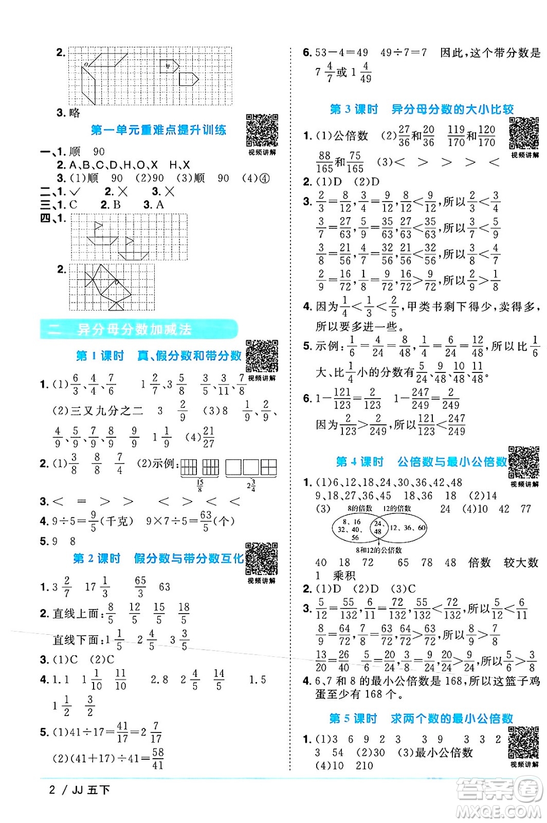 江西教育出版社2024年春陽光同學課時優(yōu)化作業(yè)五年級數(shù)學下冊冀教版答案