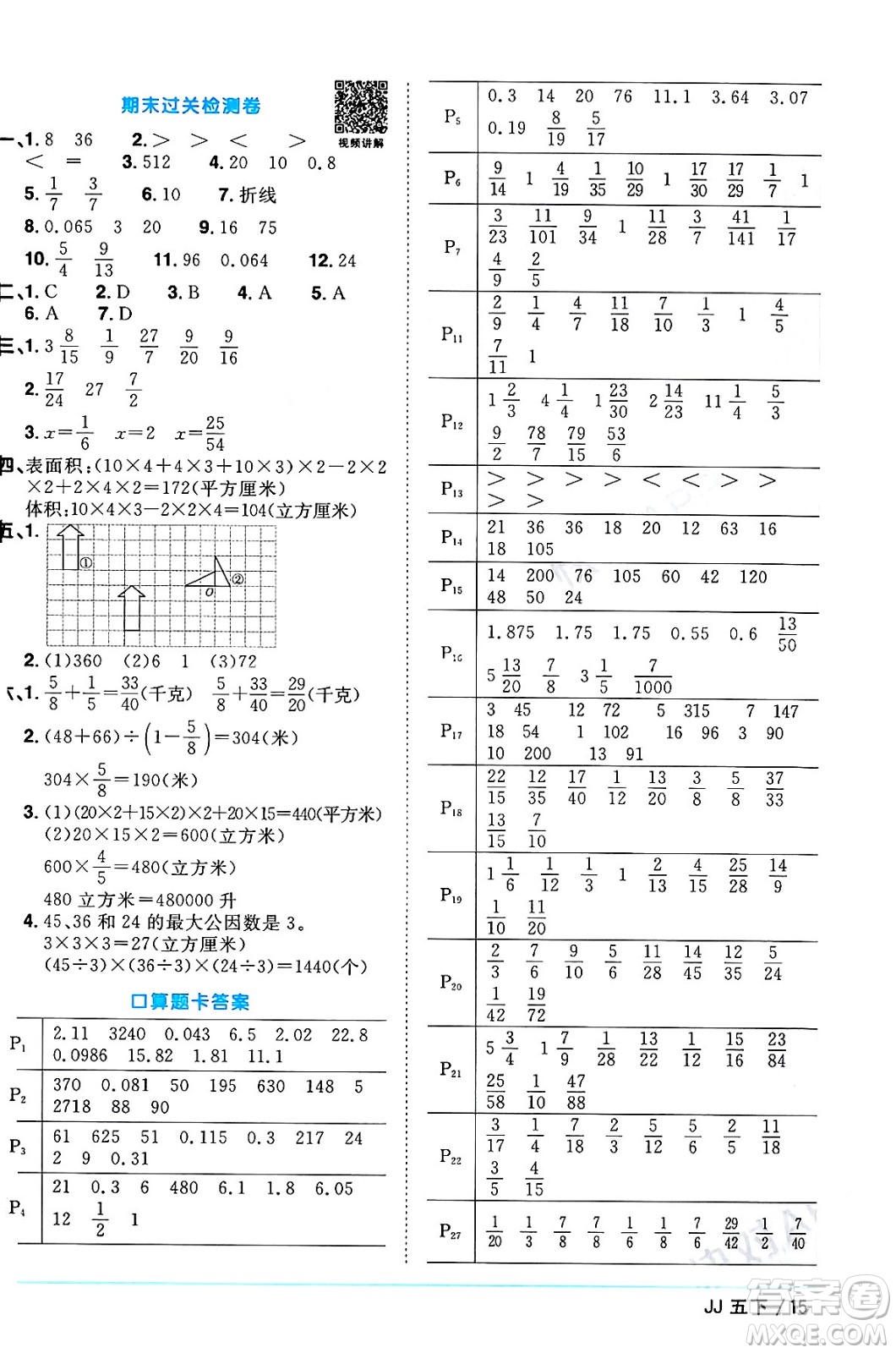 江西教育出版社2024年春陽光同學課時優(yōu)化作業(yè)五年級數(shù)學下冊冀教版答案