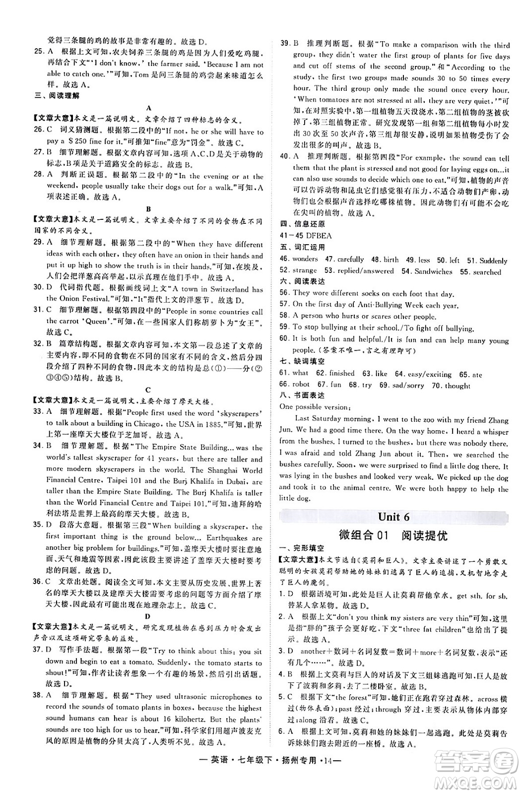 河海大學(xué)出版社2024年春經(jīng)綸學(xué)典學(xué)霸組合訓(xùn)練七年級(jí)英語(yǔ)下冊(cè)揚(yáng)州專版答案