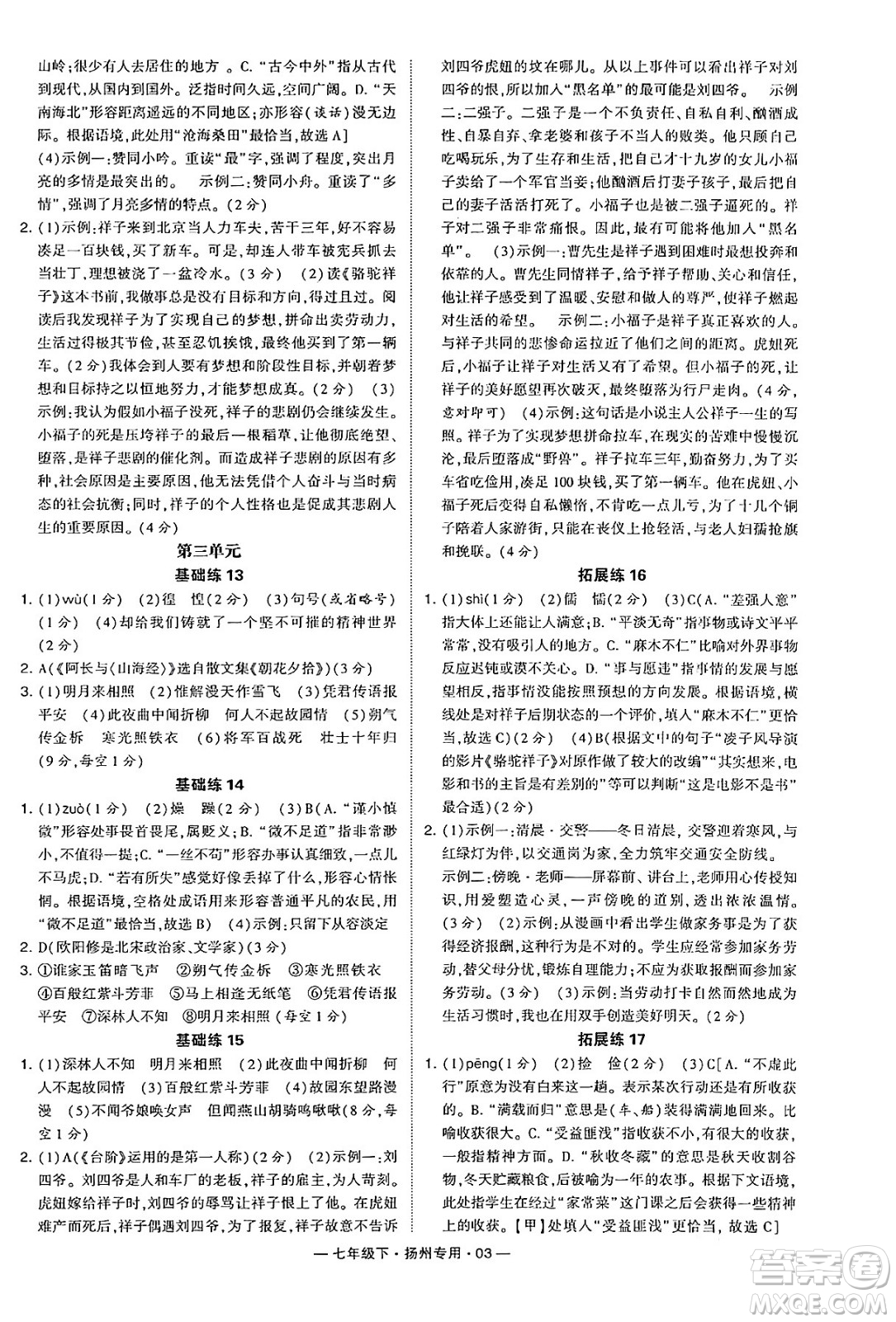 河海大學(xué)出版社2024年春經(jīng)綸學(xué)典學(xué)霸組合訓(xùn)練七年級語文下冊揚州專版答案