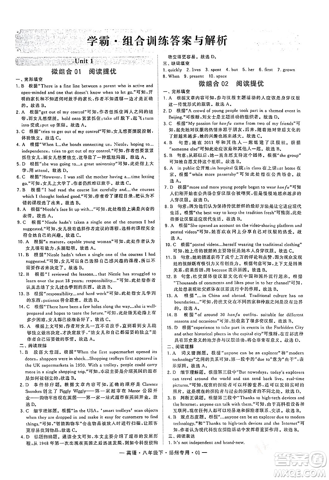 河海大學(xué)出版社2024年春經(jīng)綸學(xué)典學(xué)霸組合訓(xùn)練八年級(jí)英語(yǔ)下冊(cè)揚(yáng)州專版答案