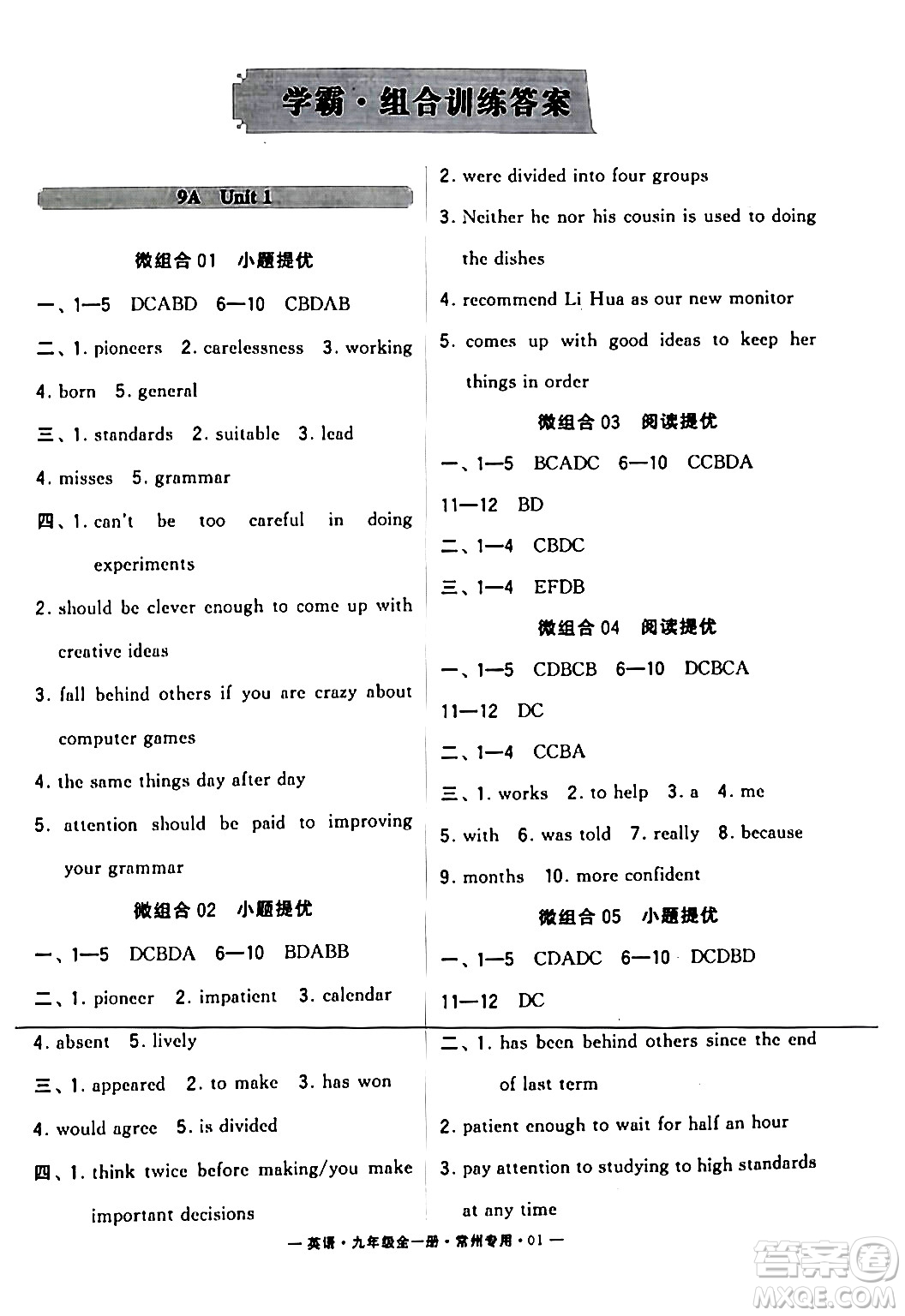 河海大學(xué)出版社2024年春經(jīng)綸學(xué)典學(xué)霸組合訓(xùn)練九年級(jí)英語(yǔ)下冊(cè)常州專版答案