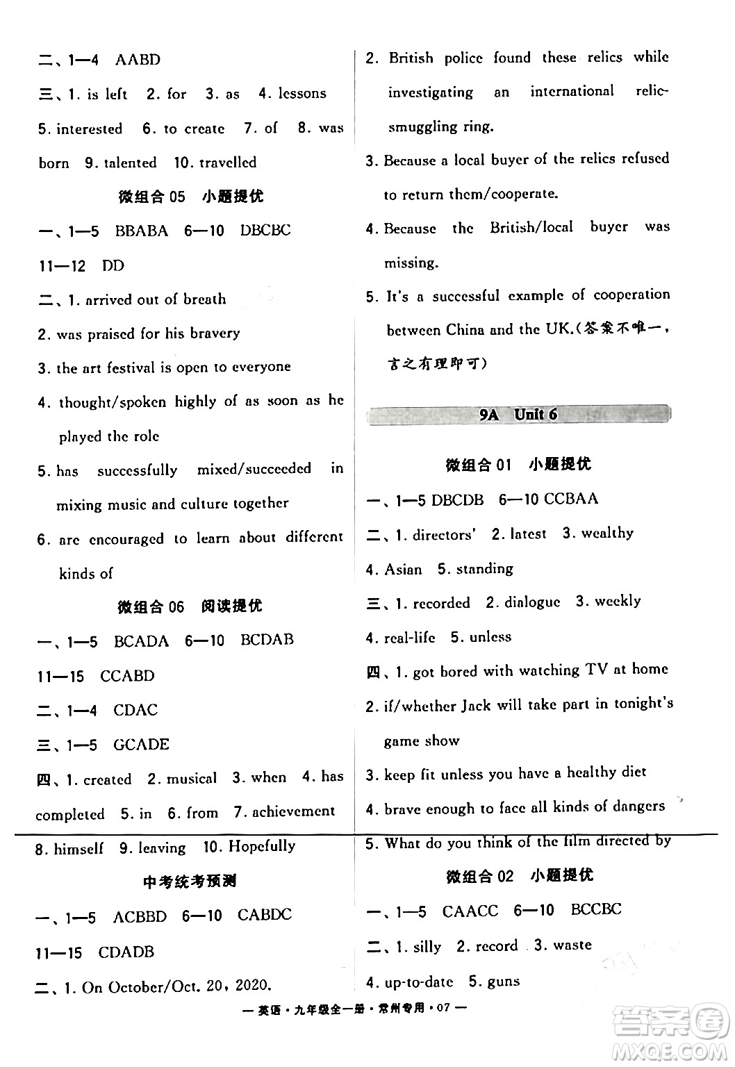 河海大學(xué)出版社2024年春經(jīng)綸學(xué)典學(xué)霸組合訓(xùn)練九年級(jí)英語(yǔ)下冊(cè)常州專版答案