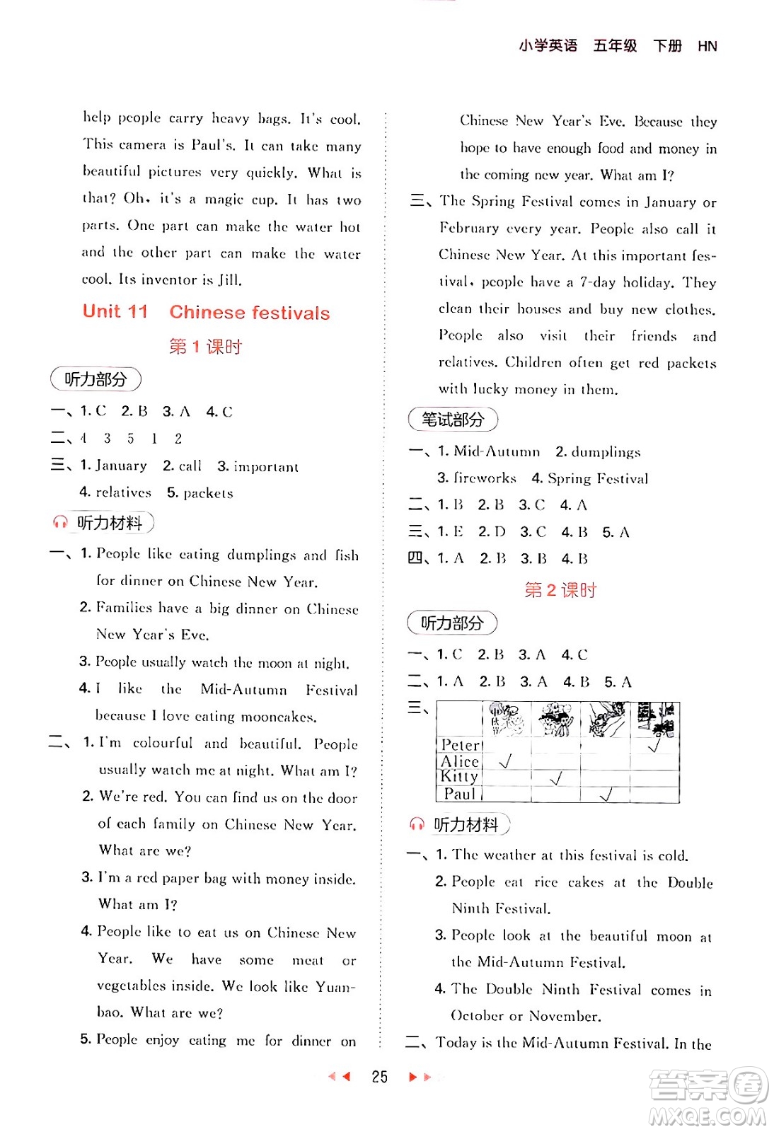 首都師范大學(xué)出版社2024年春53天天練五年級英語下冊HN版答案