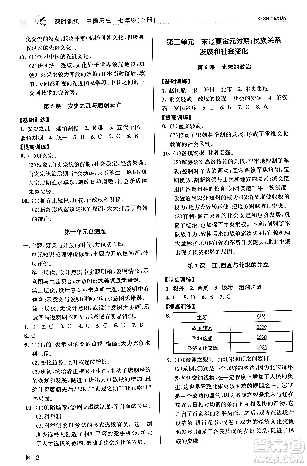 浙江人民出版社2024年春課時(shí)特訓(xùn)七年級歷史下冊人教版浙江專版答案