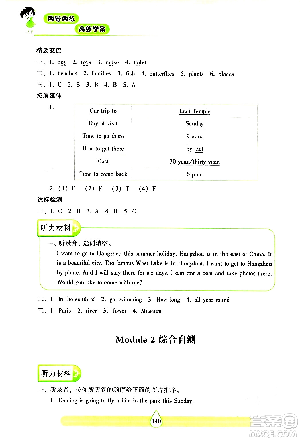 希望出版社2024年春新課標(biāo)兩導(dǎo)兩練高效學(xué)案五年級英語下冊滬教版答案