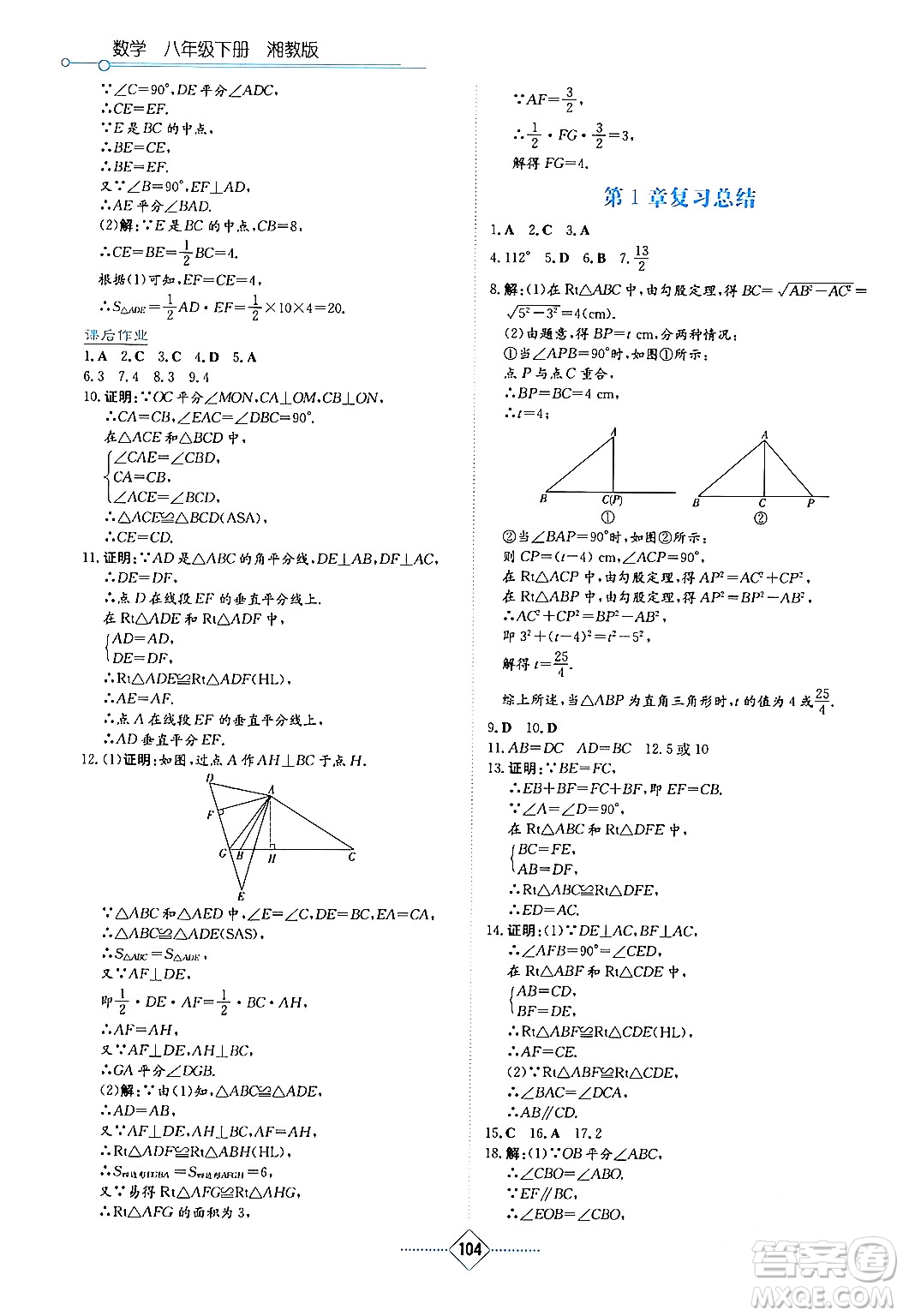 湖南教育出版社2024年春學(xué)法大視野八年級(jí)數(shù)學(xué)下冊(cè)湘教版答案