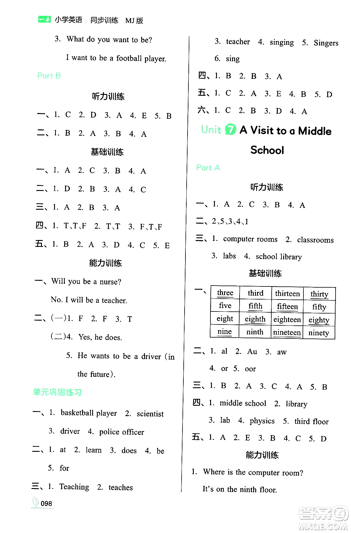 湖南教育出版社2024年春一本同步訓(xùn)練六年級(jí)英語下冊(cè)閩教版福建專版答案