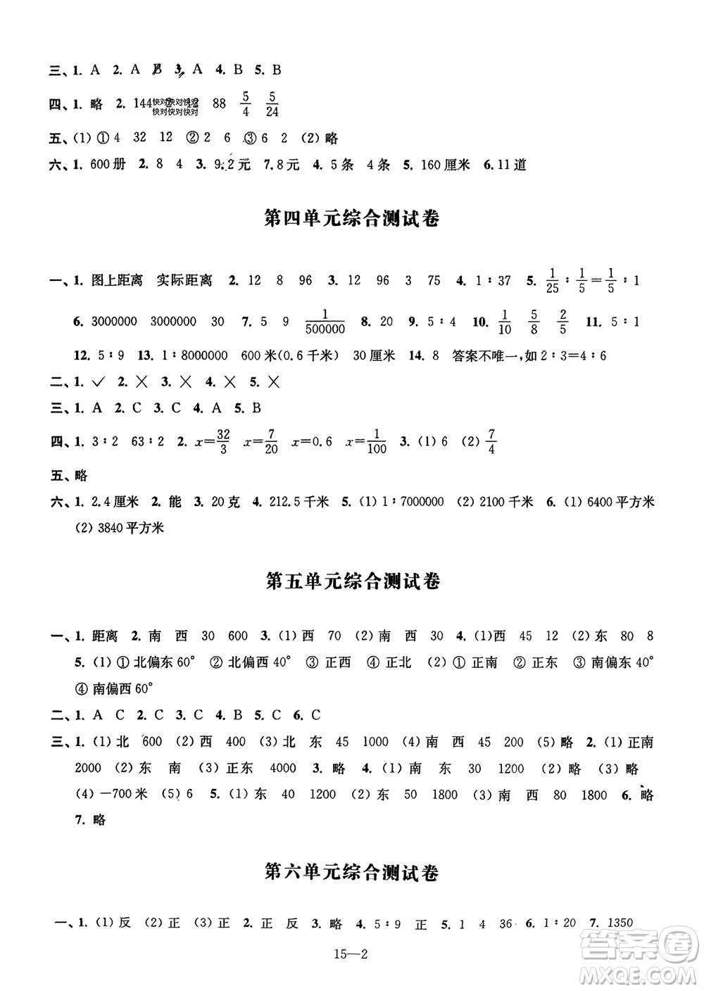 江蘇鳳凰科學(xué)技術(shù)出版社2024年春同步練習(xí)配套試卷六年級數(shù)學(xué)下冊通用版參考答案