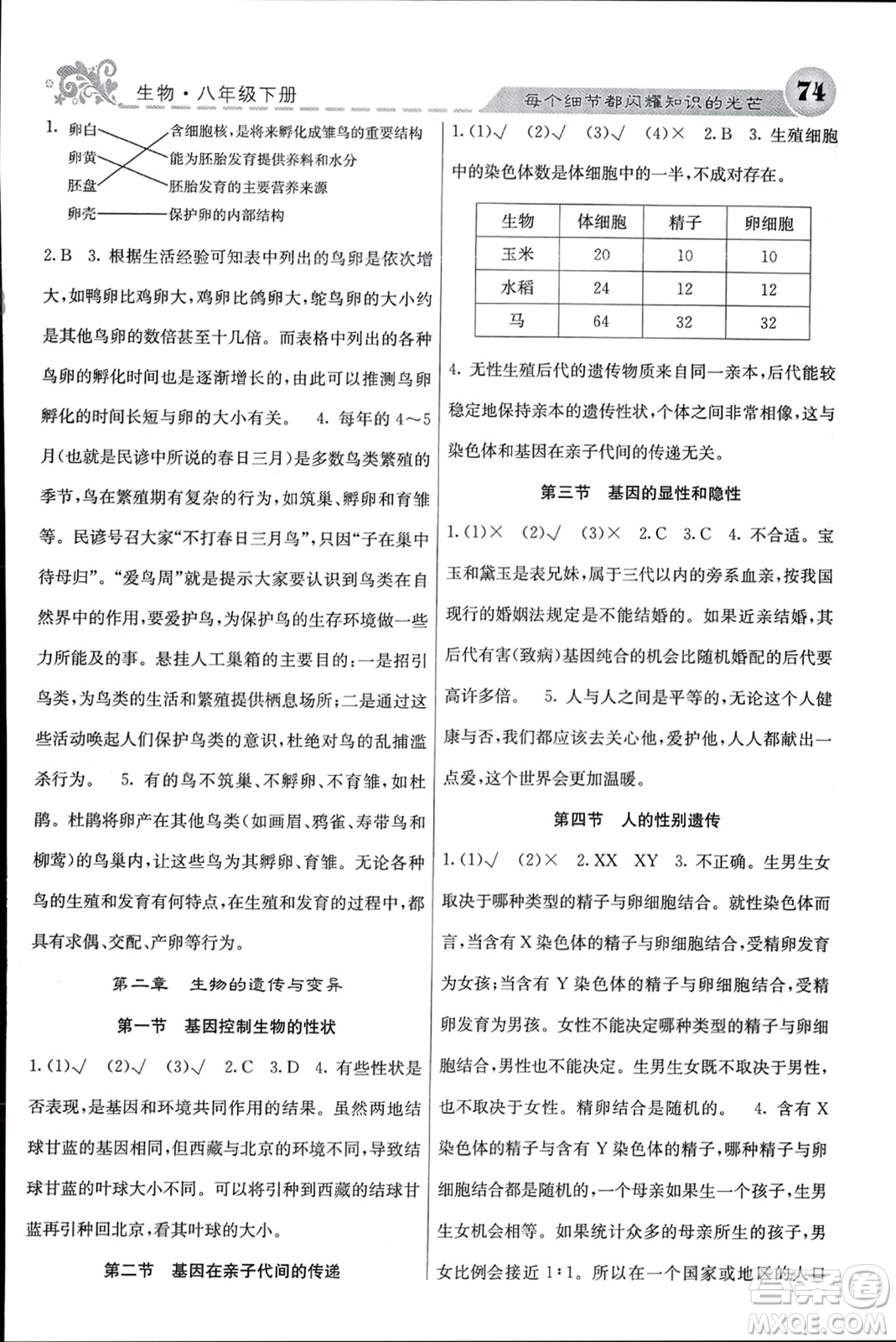 四川大學(xué)出版社2024年春課堂點睛八年級生物下冊人教版參考答案