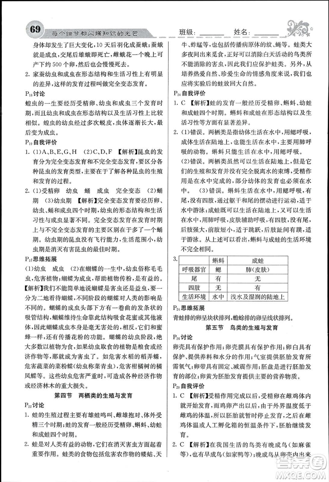 四川大學(xué)出版社2024年春課堂點睛八年級生物下冊蘇教版參考答案