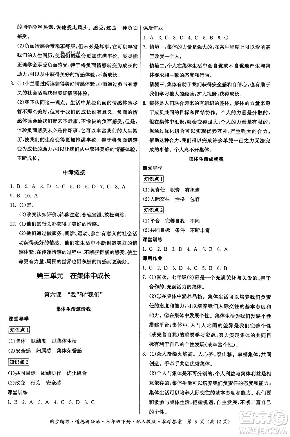 廣東人民出版社2024年春同步精練七年級(jí)道德與法治下冊(cè)人教版參考答案