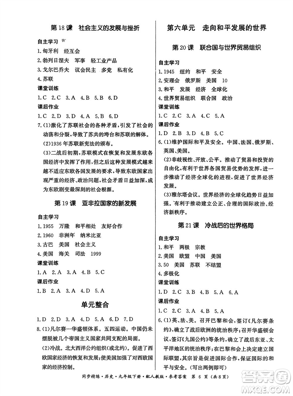 廣東人民出版社2024年春同步精練九年級歷史下冊人教版參考答案