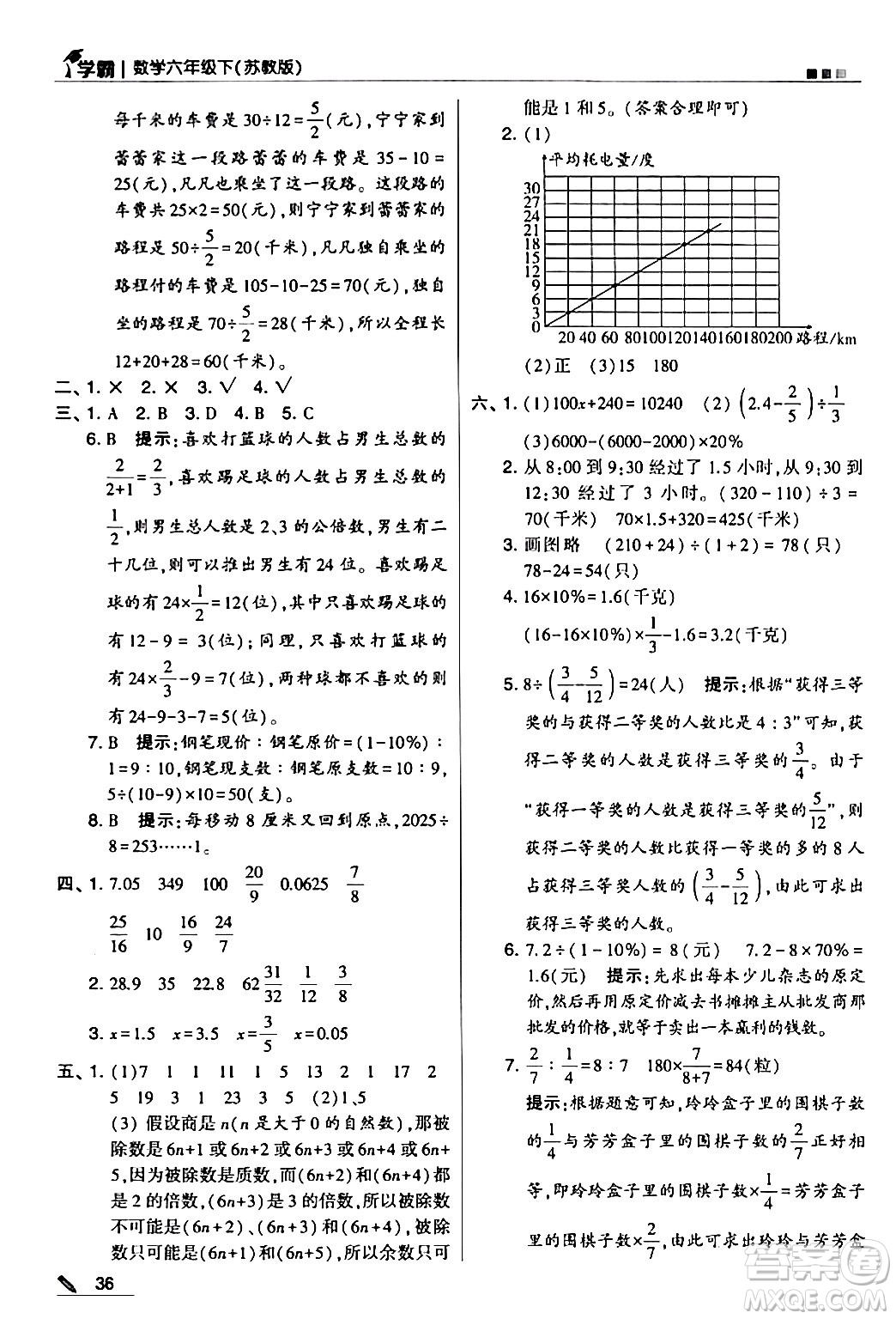 甘肅少年兒童出版社2024年春5星學(xué)霸六年級(jí)數(shù)學(xué)下冊(cè)蘇教版答案