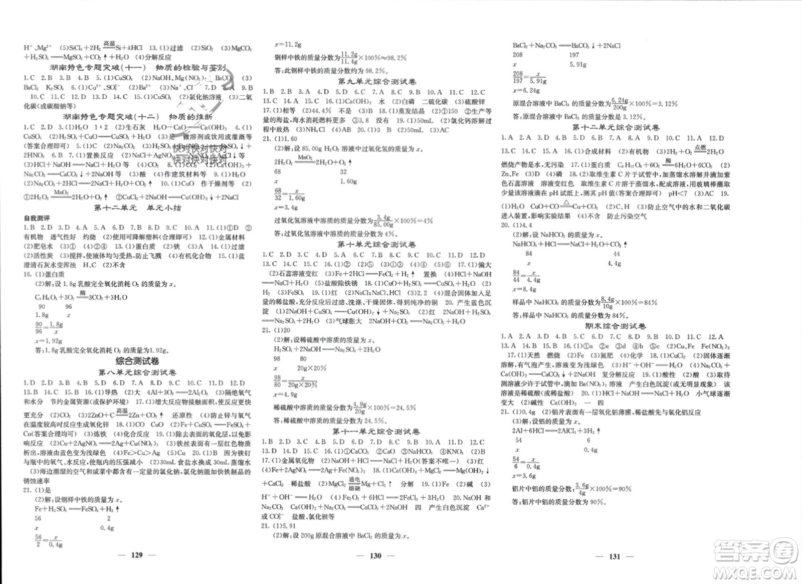 四川大學出版社2024年春課堂點睛九年級化學下冊人教版湖南專版參考答案