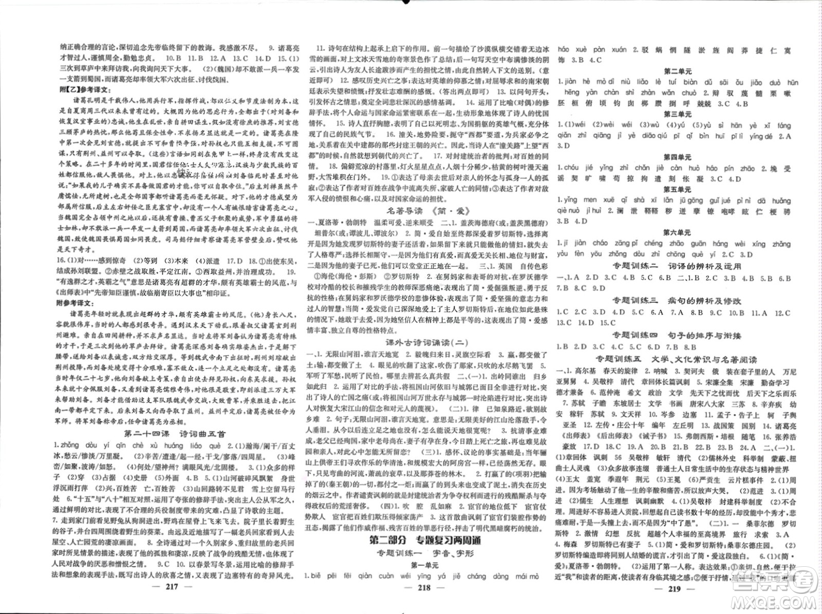 四川大學(xué)出版社2024年春課堂點(diǎn)睛九年級(jí)語(yǔ)文下冊(cè)人教版湖北專(zhuān)版參考答案