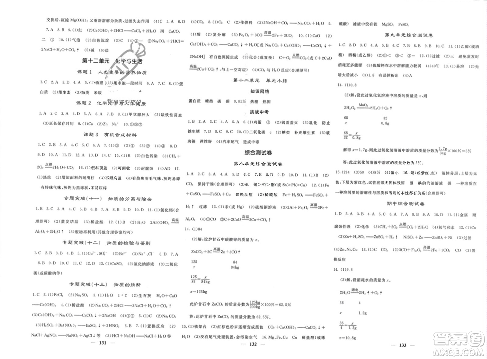 四川大學(xué)出版社2024年春課堂點睛九年級化學(xué)下冊人教版湖北專版參考答案