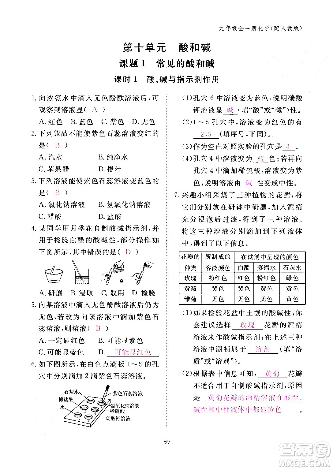 江西教育出版社2024年春化學(xué)作業(yè)本九年級(jí)化學(xué)下冊(cè)人教PEP版答案